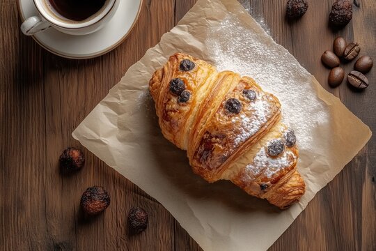 Top-down view of freshly baked croissants on parchment paper, sprinkled with powdered sugar and coffee cup. - Powered by Adobe