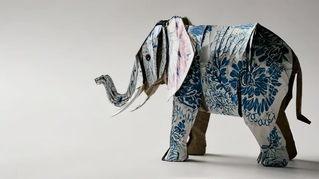 Paper elephant sculpture with patterned blue and pink designs