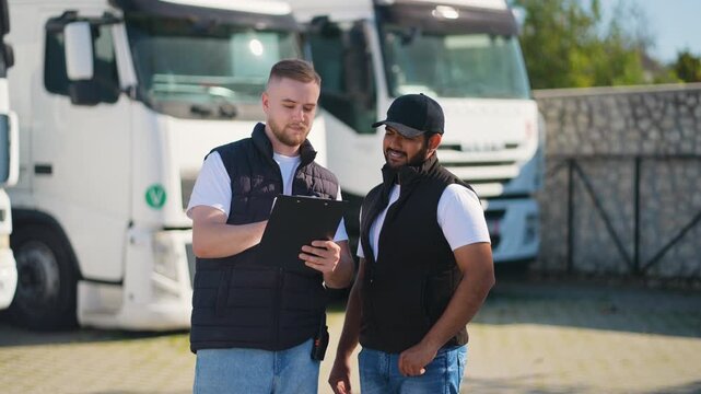Logistics manager giving instructions to a Indian truck driver