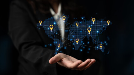 Concept of a global logistics network with location pins on a world map. This represents an...