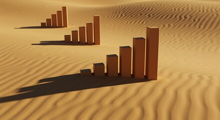 Bar chart bars rising from rippled sand dunes in desert landscape graph growth