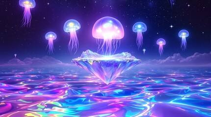 Surreal ocean with jellyfish floating over crystal island