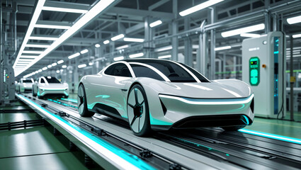 Electric vehicles rolling off the assembly line in a modern factory