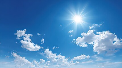 Bright Sun Shining in a Blue Sky with White Clouds Illustration