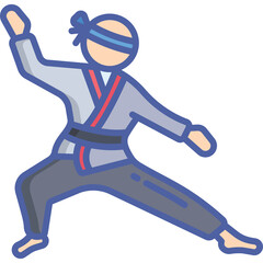 Martial Artist In Gray Gi And Blue Headband Performing A Fighting Stance With Light Skin Tone And Blue Outline Against A Transparent Background