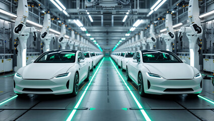 Fototapeta premium Electric vehicles rolling off the assembly line in a modern factory