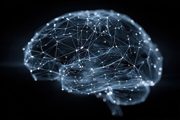Digital Visualization Of Human Brain Structure With Connected Neurons And Dots In Blue Against A Dark Background
