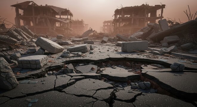 Apocalyptic landscape of a ruined city street, showcasing the devastating aftermath of war with cracked ground and desolate buildings