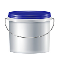 Realistic silver paint bucket with blue lid and metal handle isolated on white background no branding visible clear product shot for design and illustration no ai defects