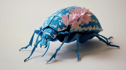 A folded paper beetle decorated with a flower rests on a white surface - Powered by Adobe