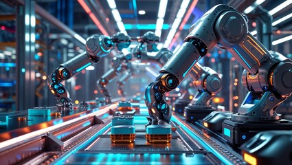Obraz premium Robotic arms working on an automated assembly line in a modern factory