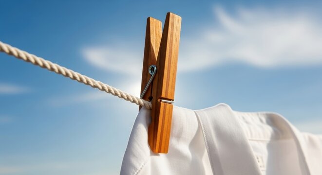 Laundry Day Clothes Drying on a Clothesline with a Wooden Clothespin Against a Blue Sky