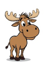 Cartoon moose illustration smiling with large antlers isolated on white background