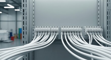 Network cables connected to a server rack in a bright, modern room
