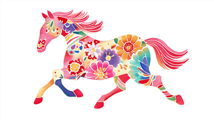 風を切って駆ける馬と重なる和文様が印象的な2026年干支年賀用イラスト｜伝統的な意匠と抽象的構成が特徴で、和風アートや正月素材としても汎用性抜群