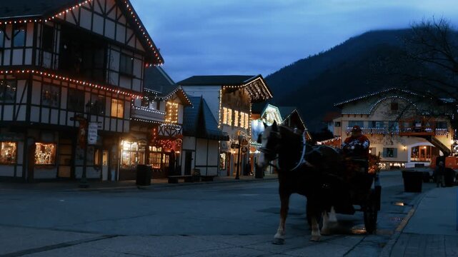Leavenworth main street at night. Leavenworth is a travel destination located in Washington state. It is famous for its german inspired architecture.
