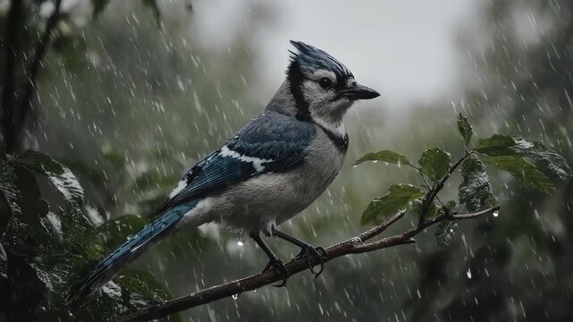 Blue Jay in the Rain: A Serene Wildlife Moment in Nature