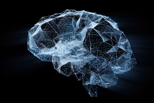 Abstract Digital Brain Representation Illuminated Against Black Background with Glowing Particles