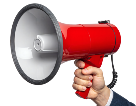 Make your voice heard with this vibrant red megaphone held by a professional businessperson, perfect for announcements