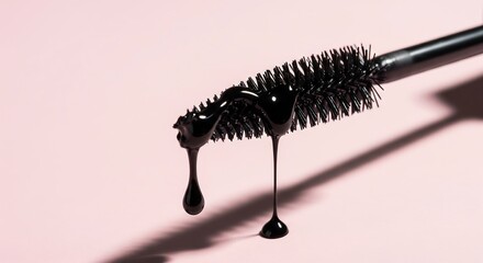 A mascara wand dripping glossy black ink-like liquid, isolated on a pale pink background with dramatic shadow. 
