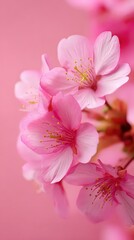 Close Up Of Delicate Pink Cherry Blossoms Against Soft Pink Background