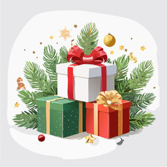 A Stack of Festive Christmas Gifts and Evergreen Branches
