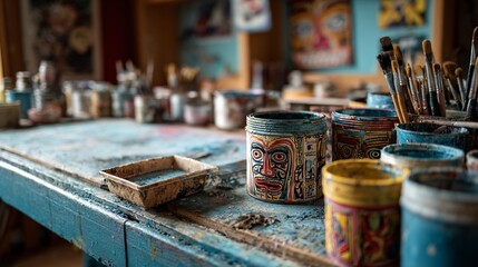 Colorful paint cans and brushes adorn a rustic artist's workspace, showcasing vibrant creativity and artistic tools against a richly textured wooden table surface.