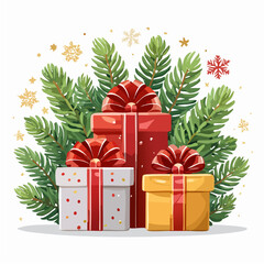 Stack of Festive Christmas Gifts and Pine Greenery