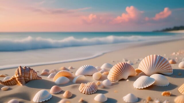 Seashells on sandy beach at sunset with calm ocean waves and horizon