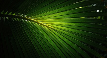 Obraz premium Sunlight shines through the veins of a vibrant, tropical palm leaf