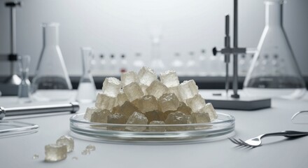 Transparent cubes on a plate, scientific lab equipment in soft light