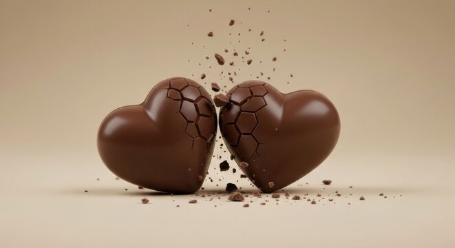 Two chocolate hearts breaking apart, with crumbs, against a neutral backdrop