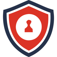 Red and Blue Shield Emblem With White Circle and Red Keyhole Shape Inside Transparent Background Vector Graphic