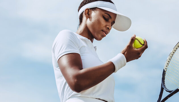 Female Tennis Player Focusing on Ball Ready to Serve, Athletic Concentration Health - Powered by Adobe