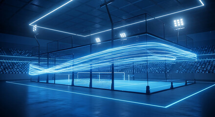 Futuristic sports arena with glowing blue lines and a dynamic light stream above the court, emphasizing technology and speed.