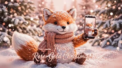 kawaii plush fox selfie in rose gold snowfall, soft watercolor texture and sparkly highlights, ideal for festive seasonal overlays - Powered by Adobe