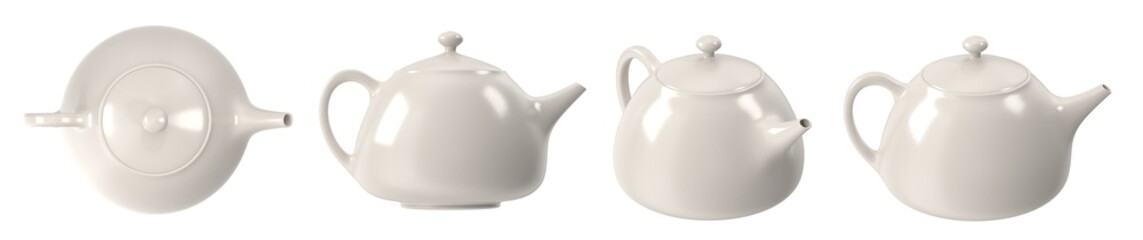Elegant white ceramic teapot in multiple views isolated on a white background