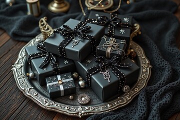 Elegant black gift boxes with ribbons and ornaments on silver tray