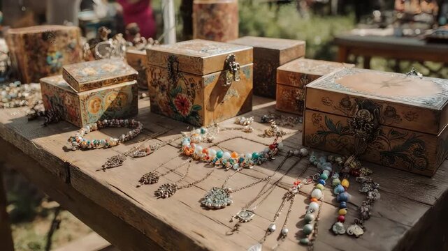 Antique Jewelry and Wooden Boxes Displayed on Rustic Table