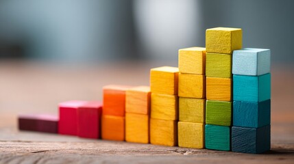 Rising colorful wooden blocks symbolizing business growth, financial progress, and strategic development with gradient color scheme