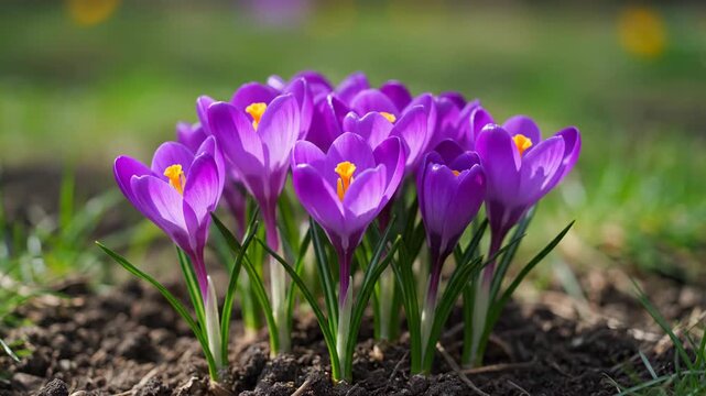Purple crocus flowers blooming in soil during springtime season