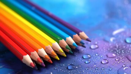 Color pencils in rainbow array on textured background with water drops - Powered by Adobe