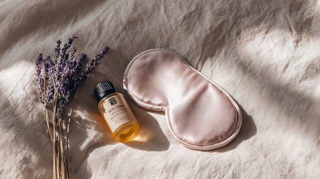 Serene sleep essentials featuring lavender, essential oil, and silk eye mask creating a tranquil relaxation scene on soft neutral fabric background