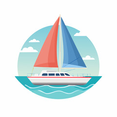 Colorful Sailboat Sailing on Turquoise Water Vector Illustration.