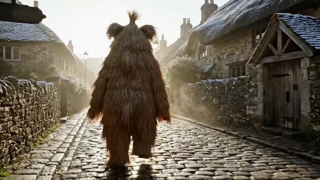 Ancient Folkloric Straw Bear Tradition in a Cobblestone Village.