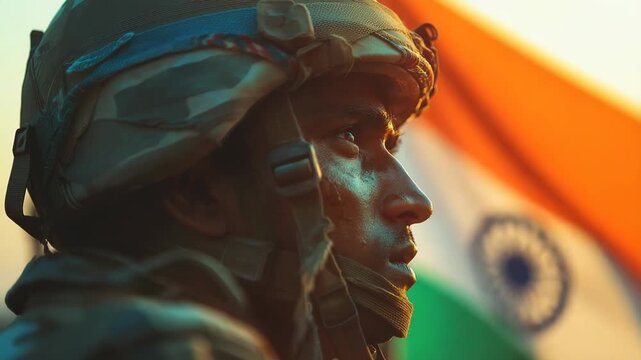 Brave Indian Soldier with Flag, Dedication and Patriotism concept