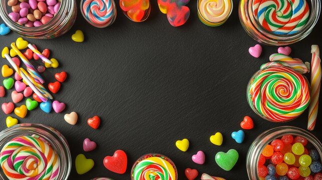 Vibrant swirling lollipops and colorful heart-shaped candies create a playful, sweet frame on a dark slate background, inviting viewers into a world of sugary delight and childhood nostalgia. - Powered by Adobe