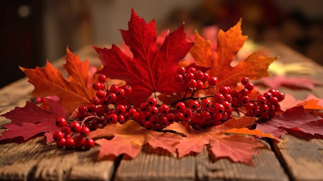 Autumn maple leaves and red berries on rustic wood surface.