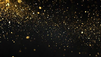 Abstract golden glitter particles floating against a dark background with blurred lights