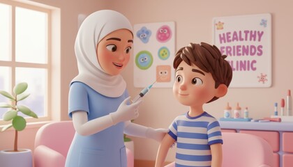 Cartoon image of a nurse giving a young boy a shot in a doctor's office.